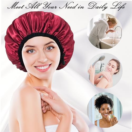 Shower Cap for Women, Large Shower Caps Reusable Waterproof with Elastic Band, Silky Satin Double-layer Bath Cap for Braids Long Hair - color: Set B