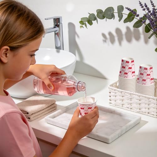 WRAPAHOLIC 3oz Pink Cherry Paper Cups - 100 Pack Disposable Bathroom Cups with Red Bow Cherry Design, Small Mouthwash Cup for Toothbrush Rinse, Home Bathroom, Wedding, Baby Shower and Girls Birthday - color: Red Bow Cherry