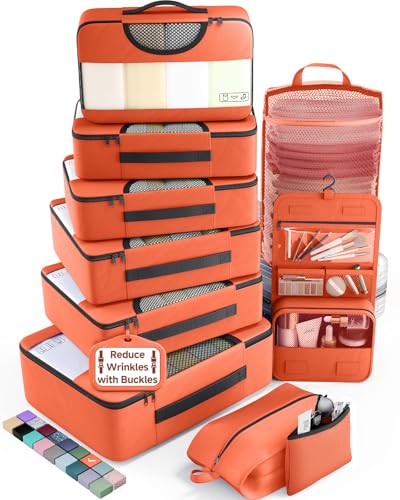 Veken 10 Set Packing Cubes for Travel Essentials,Anti-Wrinkle Buckled Suitcase Organizer for Shoe & Toiletry Bag,Carry On Luggage Bag with 99+ Count Mesh Holes for Airplane & College Dorm Accessories - color: 12 Orange