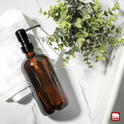GMISUN Amber Glass Soap Dispenser, 1 Pack Dish Soap Dispensers for Kitchen with Rustproof Stainless Steel Pump, 17 Fl Oz Bathroom Hand Soap Dispenser, Brown Liquid Dishwashing Dispensers Bottle - color: Amber Bottle + Black Pump, size: 1 Pack