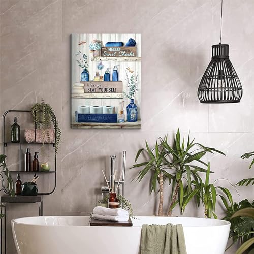 BJVJKSU Navy Blue Bathroom Decor Wall Art Rustic Blue Bathroom Canvas Wall Decor Please Seat Yourself Sign Print Painting Vintage Aesthetic Picture Artwork Decor(16x24in) - color: Blue Wrapped Canvas, size: 24"L x 16"W