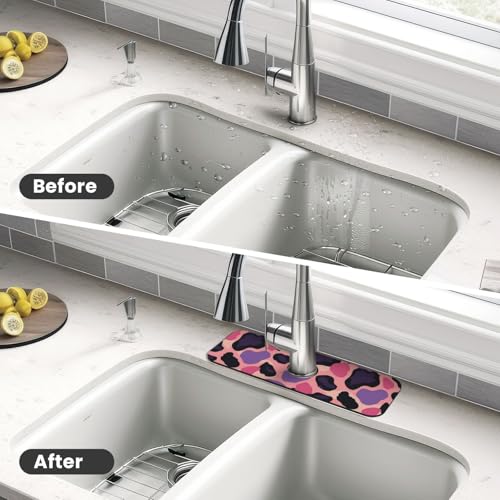 Kitchen Sink Splash Guard Faucet Mat, Pink Purple Leopard Diatom Mud Absorbent Draining Mat For Kitchen Sink Bathroom - color: Pink Purple Leopard, size: One Size