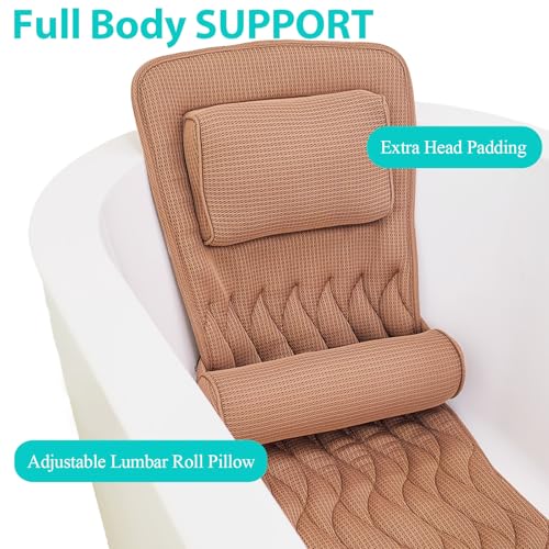 AEROiVi Full Body Bath Pillow with Adjustable Lumbar Roll Pillow Bathtub Cushion with 14 Suction Cups 3D Air Mesh Fit Any Tub Gray Bathroom Accessories Brown - size: 50 inch Brown