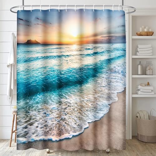 ArtSocket Beach Bathroom Set with Shower Curtain and Rugs and Accessories, Sunrise Over Sea Shower Curtain Set, Sunset Ocean Bathroom Decor 3 Pcs - color: Modern 6