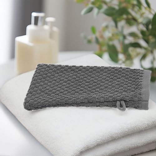 COTTON CRAFT Bath Mitt - 6 Pack Euro Spa Waffle 100% Cotton Towel Mitts | Large 5.5x10 inches Grey Exfoliating Gloves - Sensitive Skin Friendly - Body Bath Shower Glove Washcloth with Hanging Loop - color: Grey - Bath Mitt