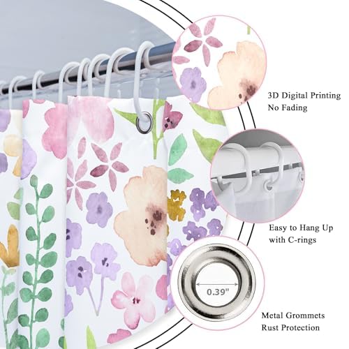 Riyidecor Pink Purple Cute Floral Shower Curtain for Bathroom Decor 72Wx72H Boho Spring Kids Girls Wildflower Watercolor Plant Botanical Art Printed Fabric Polyester Waterproof 12 Pack Plastic Hooks - color: B-purple, size: 72"W x 72"L (Pack of 1)