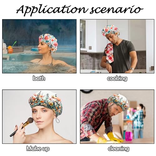 2 PCS Shower Cap Reusable Waterproof Adjustable Double Layer Elastic Dry Hair Bathing Caps Aesthetic Cute for Women Girls-Flower - color: H-9-Flowers
