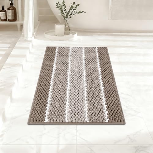 ArtyCozy Bathroom Rug, Extra Thick Absorbent Chenille Striped Pattern Shaggy Bath Mat Non Slip, Soft Plush Bath Floor Mats, Machine Washable, Brown, 17"x47" - color: Brown, size: 17" × 47"