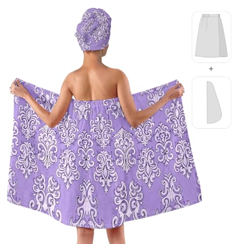 YWMAN Microfiber Bath Wrap Set with Hair Turban, Purple Damask Pattern, Soft Spa Shower Towel Wrap, Women's Bath Accessories, Fits 39.4-59 inch Chest