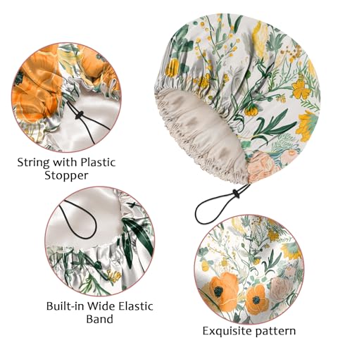 Luxury Shower Cap Satin Silk Lined Adjustable Elastic Reusable Waterproof Shower Bath Cap Cute for Women Girls-Orange Flower - color: AK6-Orange Flower