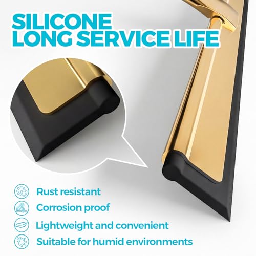 ALFLOD 2pcs Shower Squeegee for Glass Doors with Adhesive Hanging Hook Set | 10” gold, bathroom accessories, window cleaner, new home essentials, soft rubber blade, metal handle, ergonomic grip - color: Golden, size: 10 Inch