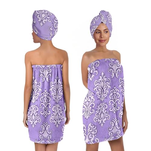 YWMAN Microfiber Bath Wrap Set with Hair Turban, Purple Damask Pattern, Soft Spa Shower Towel Wrap, Women's Bath Accessories, Fits 39.4-59 inch Chest