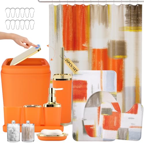 XLHOMO Bathroom Accessories Set - 25PC Bathroom Set with Shower Curtain and Rugs, Orange Bathroom Set, Bathroom Accessory Set with Press-on Lid Trash Can, Soap Dispenser and Qtip Holders for Home - color: Orange & Gold 1, size: Plaid Complete Set + Bath R