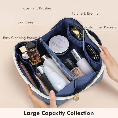 Prite Makeup Bag for Women Travel Waterproof Vegan Leather Cosmetic Bag Open Flat Toiletry Bag With Clear Divider and Handle (Blue Flower, Medium) - color: Blue Flower, size: Medium