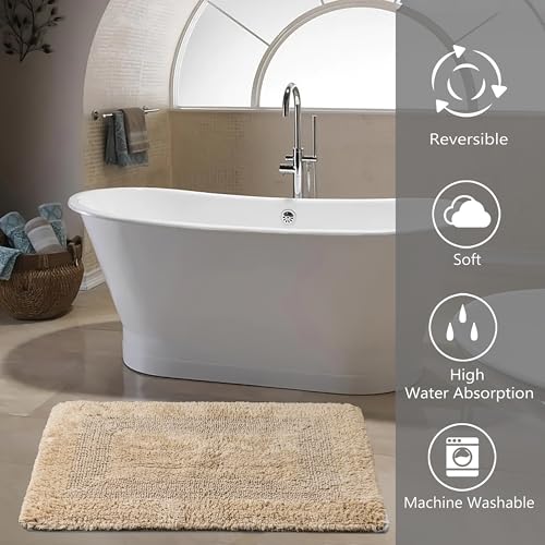 KEMA Soft 100% Cotton Linen Bath Mat 17"x24" - Regular Use Rectangular Spa Mat Rug Plush Water Absorbent, Decorative Border for Bathroom Vanity, Bathtub/Shower - Machine Washable - 1 Pack - color: Linen