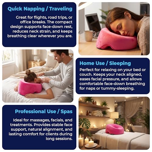 Face Down Pillow for Massage Bed – BBL & Eye Surgery Recovery Headrest | Stomach Sleeping Face Pillow for Prone Sleep, Tanning & Spa | Adjustable Memory Foam Cradle with Removable Cover (Pink) - color: Pink