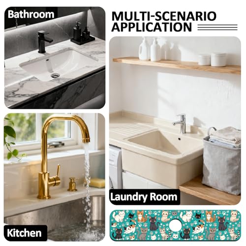 2 Pcs Kitchen Sink Splash Guard Faucet Mat Various Cats Pattern Faucet Mat for Sinks Paw Prints Absorbing Drying Mats for Kitchen Bathroom, 23.6x5.5inch - color: Various Cats