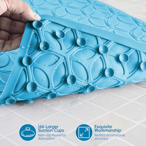 Bathtub Mat Non Slip with Suction Cups - 100% Rubber Bathroom Mat Textured for Bath Tub Shower Safety - Soft on Touch - BPA/PVC Free - Pet Dog Bath Mat - Machine Washable - 16 × 28 Inch（R Blue） - color: River Blue, size: 28" x 16" (Rectangular)