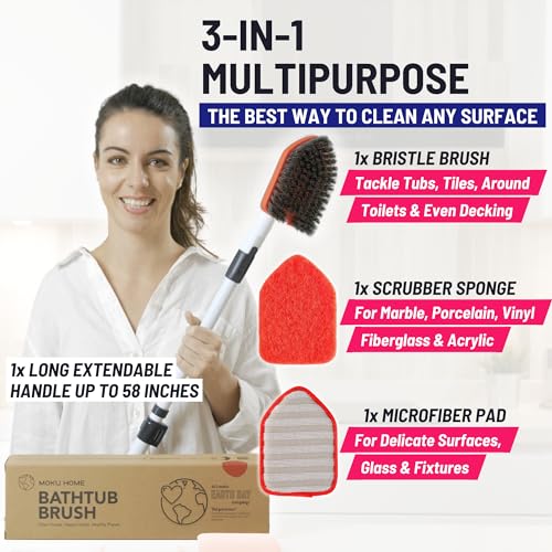 Moku Home Shower Scrubber 3 in 1 Extendable Long Handle 58" Cleaning Brush | Non-Scratch Bathroom Scrubber for Tub, Tile, Shower, Kitchen, Toilet, Sink, Wall & Floor; Telescopic Shower Cleaning Brush - color: Red