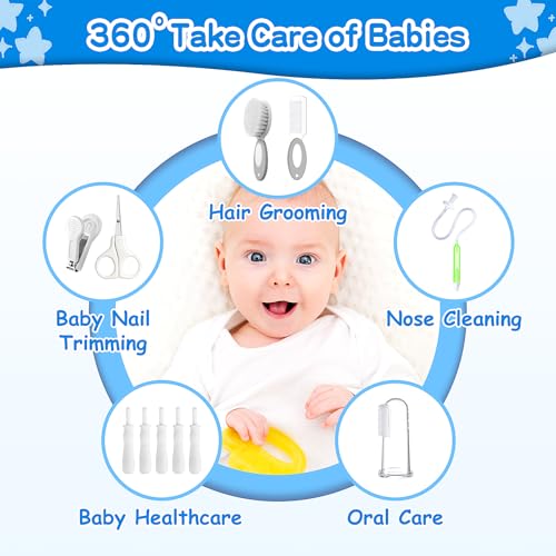 Baby Healthcare and Grooming Kit, 21 in 1 Portable Baby Essentials Kit with Gas Relief Hair Brush Comb Nasal Aspirator for Newborn Boys Girls (Grey White) - style: 21 Kits-Grey White