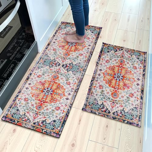 Boho Kitchen Mat Set 2 PCS Vintage Ethnic Pattern Runner Rug Non Slip 17"x47"+17"x30", Distress Print Bohemian Floral Washable Absorbent Kitchen Rugs for Floor Bathroom Laundry Decor - color: Boho Vintage