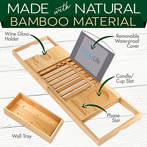 SereneLife Premium Bathtub Tray Caddy, Expandable Bath Tray, Unique House Warming Gifts, Gift for Mom, Women, New Home, Wedding, Anniversary, Bridal Shower, Universal Fit for All Tub - Natural - color: Natural