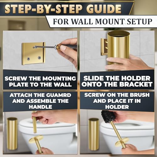 Gold Toilet Brush and Holder Set with Wall Mount - Modern Wall Mounted Toilet Brush Made from Corrosion-Resistant Stainless Steel - Removable Inner Bowl, Splash Protection & Dense Bristles Supplied - color: Gold Wall-mounted