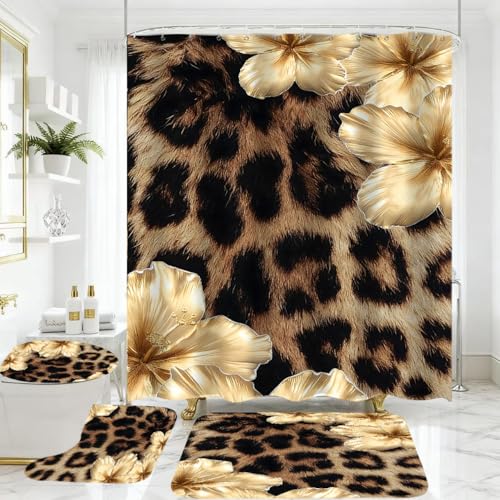 4 Piece Brown Leopard Shower Curtain Set with Rugs, Luxury Golden Floral Art, Exotic Animal Print Fabric Bathroom Decor, Non-Slip Mats & Toilet Lid Cover - color: Gold Floral