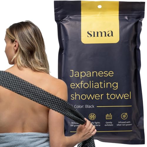 Sima Brand Exfoliating Washcloth Face & Body Scrub Towel - Japanese Exfoliating Towel with Hexagon Fibers, Body Scrubber with 2 Sides for Scrubbing & Washing, Extra Long Body Towels (Black) - color: Black