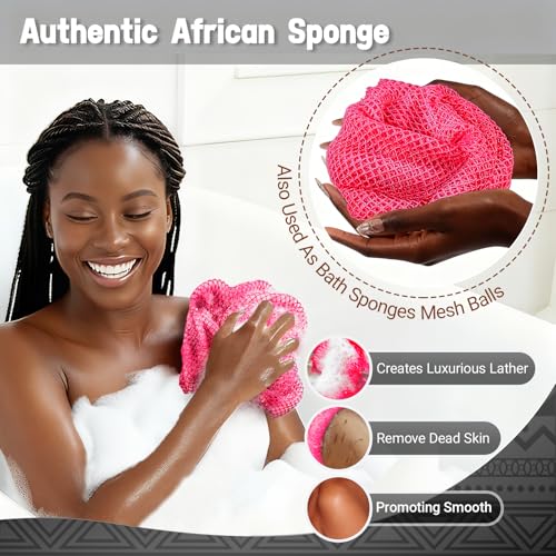 African Net Sponge Authentic 2 Pieces Gentle Exfoliating Body Scrubber Bath Sponges for All Skin Types, African Exfoliating Net Sponge with Handles Washcloth Loofah Bathing Accessories for Shower - style: Light Green, Light Pink
