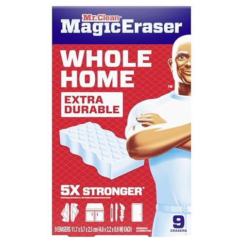 Mr. Clean Magic Eraser Sponge, All Purpose Cleaner, Cleaning Scrubber, Wall, Sneaker, Kitchen, Bathroom, Shower Cleaner, Cleaning Supplies, Melamine Sponge, Cleaning Pads, Extra Durable, 9ct - size: 9 Count (Pack of 1), style: Upgraded Version