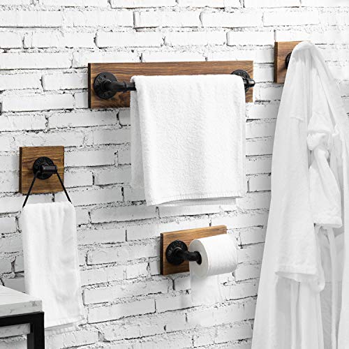 MyGift 4-Piece Bathroom Hardware Set Toilet Paper Holder with Burnt Wood and Industrial Matte Black Metal Pipe Includes, Towel Ring, Towel Bar and and Robe Hook - color: Burnt Wood