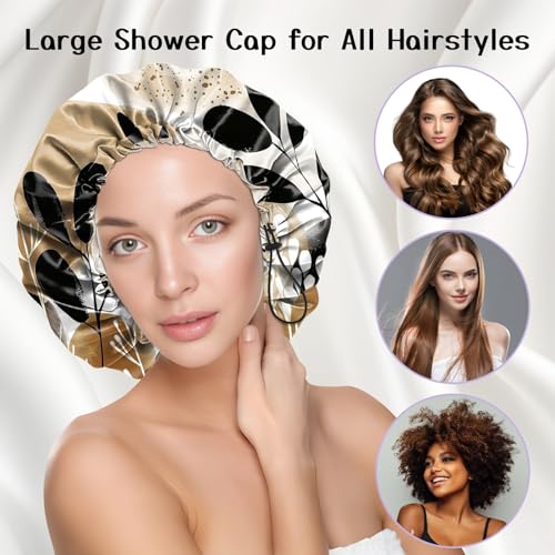 Luxury Shower Cap Silk Satin Lined Waterproof Reusable Adjustable Elastic Dry Hair Bathing Caps Cute for Women Girls-Leaf - color: C-13-Leaf
