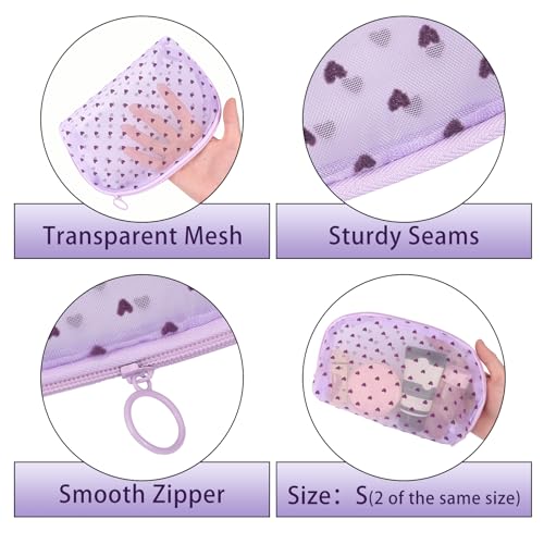 6 Pieces Zipper Mesh Makeup Bags Set, Nylon Cosmetic Bags Portable Clear Toiletry Bas Travel Organizer Bags for Office Travelling Organization (Purple Heart Printed, Assorted Size) - color: Purple Heart Printed