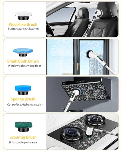 Shower Scrubber with Long Handle, Shower Cleaner Brush with 8 Floor Machine Pads, Cordless Electric Spin Scrubber for Cleaning with 2 Speed, Cleaning Supplies for Bathroom Bathtub Kitchen Floor Tile - color: White, size: 8 Brush Heads
