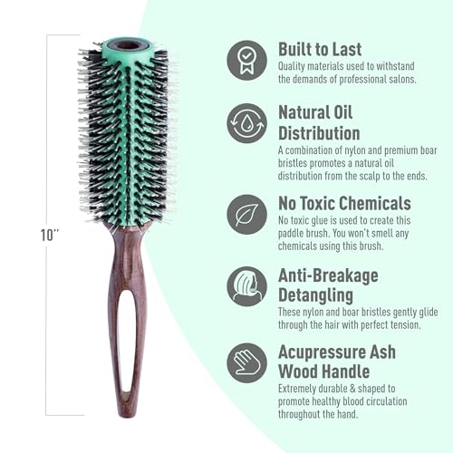MINT Eco-Friendly Boar Bristle Round Brush for Blow Drying | Durable Blowout Styling for All Hair Types | Ceramic Round Brush with Hand-Crafted Wooden Handle (30 mm) - size: 30 mm Round Brush