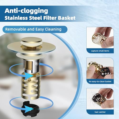 iFealClear Upgraded 4-in-1 Bathroom Sink Drain Strainer, Universal Pop Up Sink Stopper with 2-Layer Detachable Hair Catcher Filter Basket, Drain Stopper Fit 1.1"-2.36" US Basin, Brushed Gold - color: Brushed Gold
