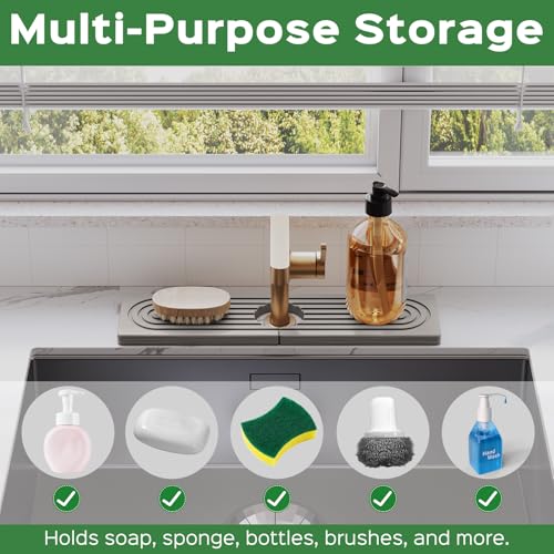 15.7 Inch Stone Faucet Mat for Kitchen Sink Splash Guard - Diatomite Quick Dry Stone Mat Kitchen Sink Protectors, Water-Absorbent Faucet Handle Drip Catcher Tray with Drainage (Gray, 15.7" x 3.9")