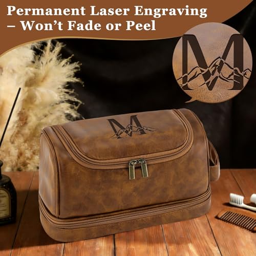Travel Essentials Accessories Personalized Initial Letter Hanging Toiletry Bag for Men, Waterproof PU Leather Travel Size Toiletries Storage Organizer Shaving Bag for Men Light Brown R - color: Light Brown, style: R
