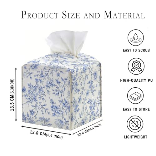 Vinatge Flroal Blue Tissue Box Cover Square, Floral Chinoiserie Tissue Box Holder Cube, Flower Decorative Japanese Style Holder for Home Bathroom Desktop Decoration 5.4x5.4x5.3 - color: Blue Floral