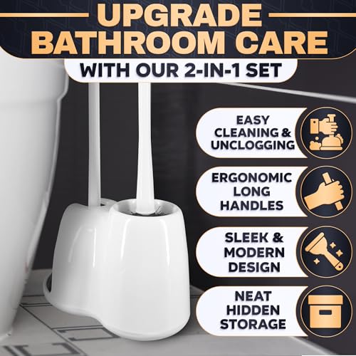 2 in 1 Toilet Plunger and Brush Set White - Toilet Brush and Plunger Set White with Stiff Bristles, Strong Vacuum Suction and Holder - Space-Saving Stand, Fits Most Standard Toilets, 9.3×6.3×15.2 inch - color: White