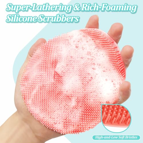 Silicone Back/Face Scrubber & Bath Glove Set 3PCS, Extendable Back Scrubber with Dual-Side Large Head, 360° Anti-Slip Bath Glove, Unique Side-Bristle Face Scrubber for All-Round Cleaning(Pink) - color: Pink*3