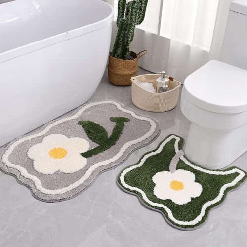Bathroom Rug Set 2 Piece, Soft Cute Bath Mat and U-Shaped Contour Toilet Rug, Absorbent Microfiber Plush Bath Rug Set, Non-Slip Bath Carpet Machine Washable, 32x20 Plus 22x20 inches - color: Grey 32x20" + Green 22x20"