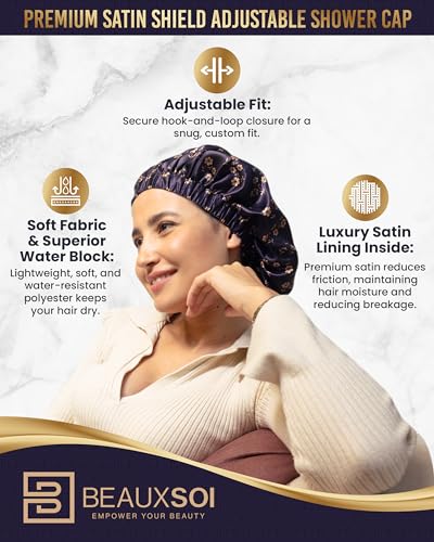 Luxury Reusable Shower Cap for Women - Satin Lined, Adjustable & Waterproof - Keeps Hair Dry- Durable Hair Bonnet by BEAUXSOI (Fleur de Nuit) - Floral design - color: Fleur de Nuit