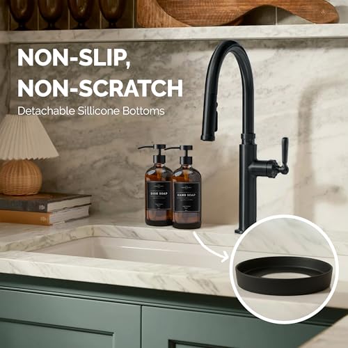 Vine Creations Amber Glass Soap Dispenser Set - Kitchen Soap Dispenser Set with Stainless Steel Pump - 16 oz Dish Soap and Hand Soap Dispensers for Bathroom with Silicone Pad & Waterproof Labels - color: Amber Bottle / Matte Black Flat-style Pump