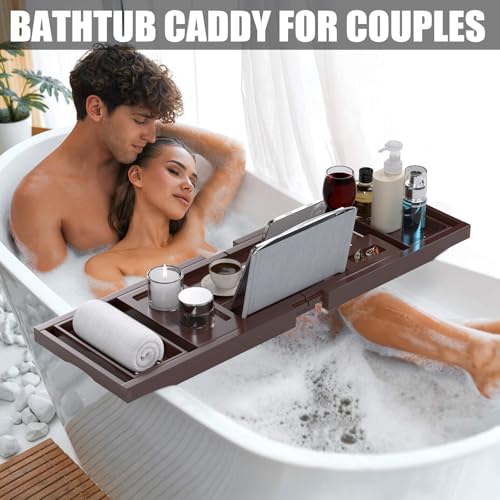 Bathtub Tray Caddy, Expandable Bath Trays for Tub, Bamboo Shelf & Table with Wine Glass Holder,Bathroom Accessories for New Home & Mothers Day & Birthday Gifts for Mom,Brown - color: Brown
