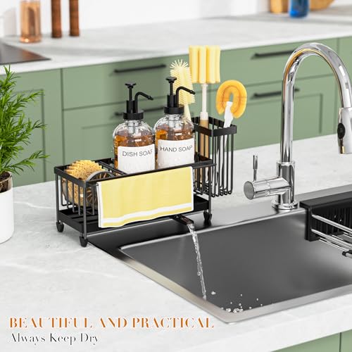 Kitchen Soap Dispenser Set with Sponge Holder and Towel Rack, 17OZ Glass Bottle, Hand and Dish Soap Dispenser Set, Non-Slip Silicone Pad, Brush Holder, Sink Organizer Countertop (Transparent) - color: Transparent