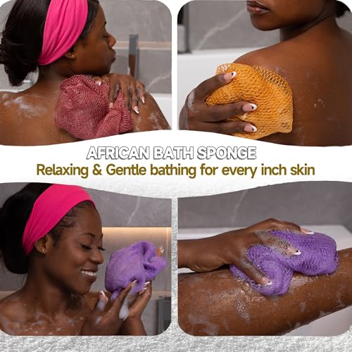 SubSahara Authentic African Net Sponge - 4 Pack Exfoliating Bath & Shower Loofah Sponge for Body & Face, Gentle Scrubber for All Skin Types, Travel, Durable - color: Golden,blush Powder,green,purple