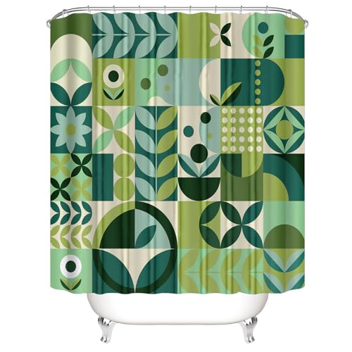 Chrainy 4Pcs Geometric Grid Shower Curtain Sets for Bathroom and Toilet Green Checkered Modern Bathroom Decor Sets with Shower Curtain and Rugs,Accessories Bath Mat,U Shape and Toilet Lid Cover - color: Green
