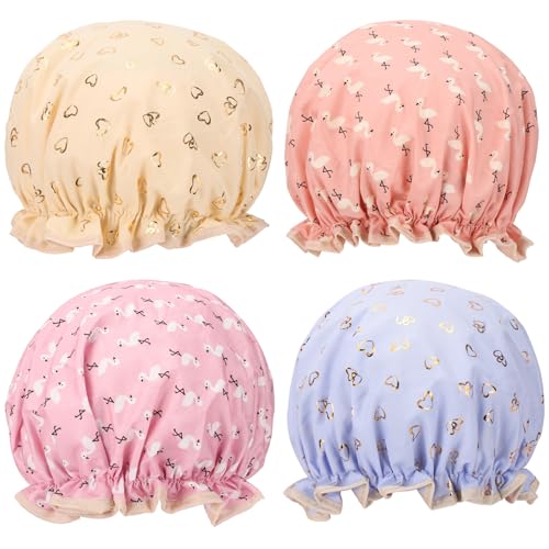4 Pcs Shower Caps Hat for Women and Girl, Reusable Waterproof Bath Cap Double Waterproof Layers Bird and Heart Pattern - color: 4 Pack - Bird & Heart